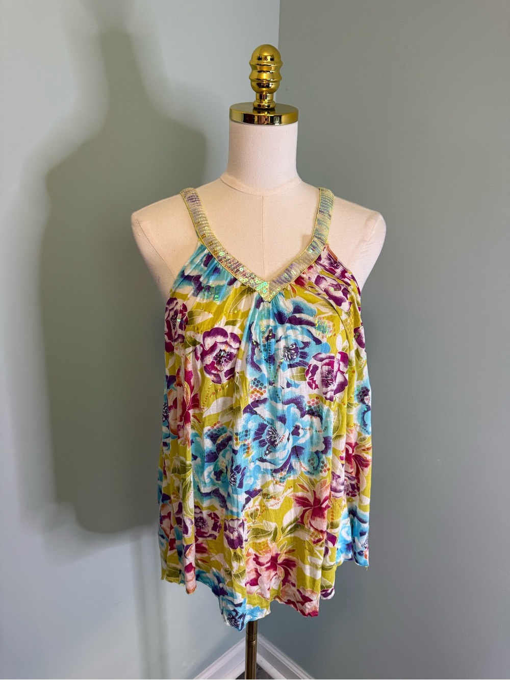 Free People Floral Sequin V-Neck Tank Top Yellow Purple Blue Womens Size Medium